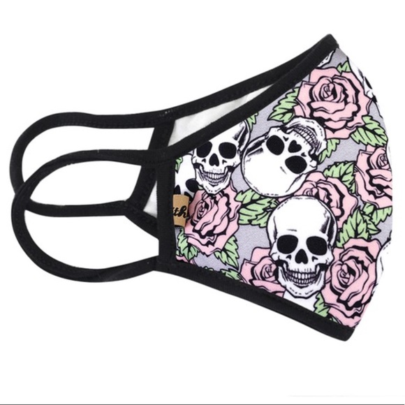 IN STOCK Fast Ship Black Skull Pink Rose Face Mask - Picture 3 of 8